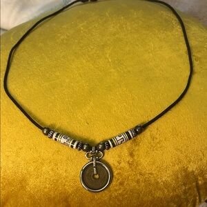 Handmade Black Cord Necklace with Tribal Beads and Silver-Tone Circular Pendant